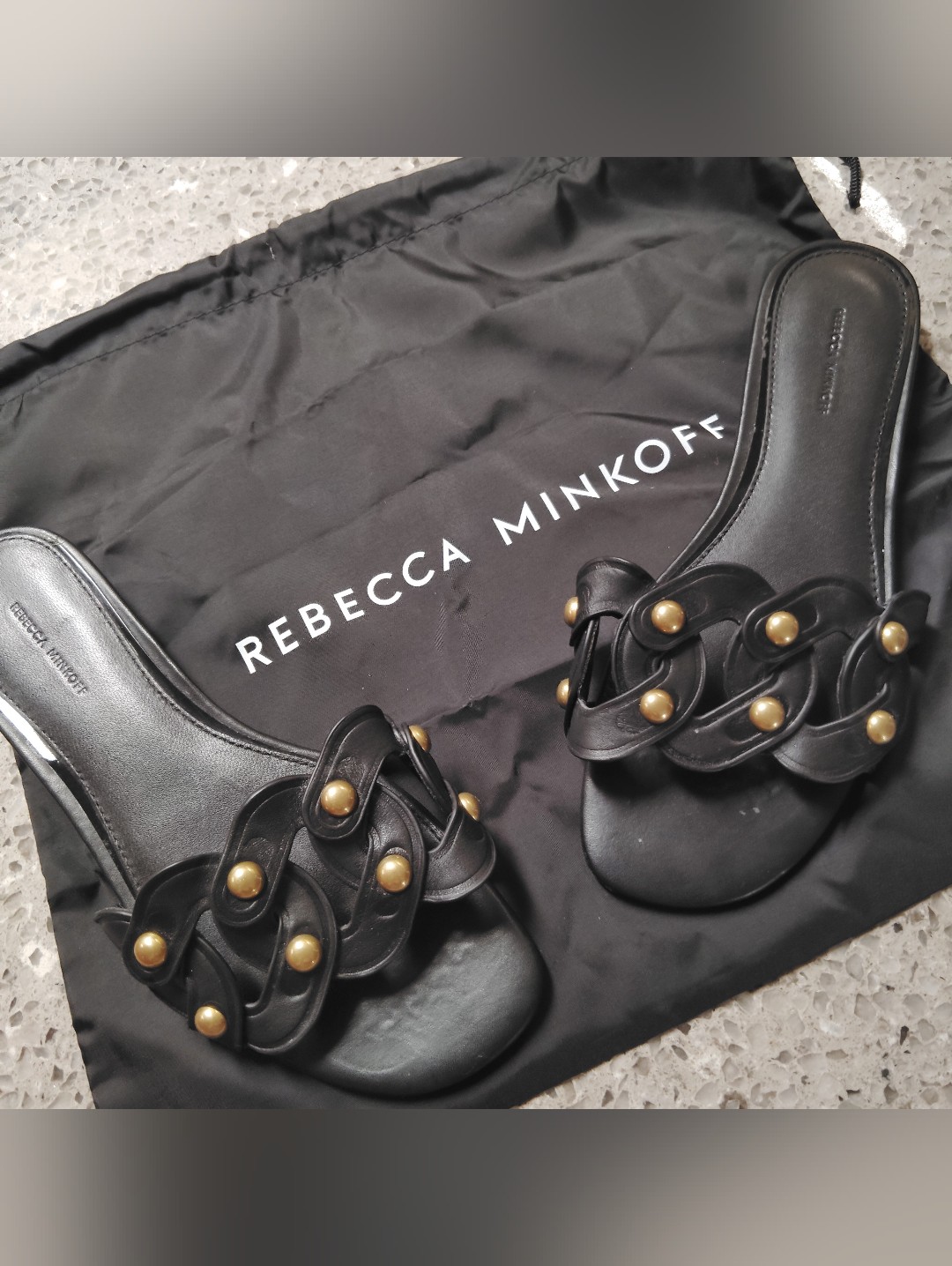 Rebecca Minkoff Black Gold Studded Slide Sandals Worn 1x Sz 6 $148